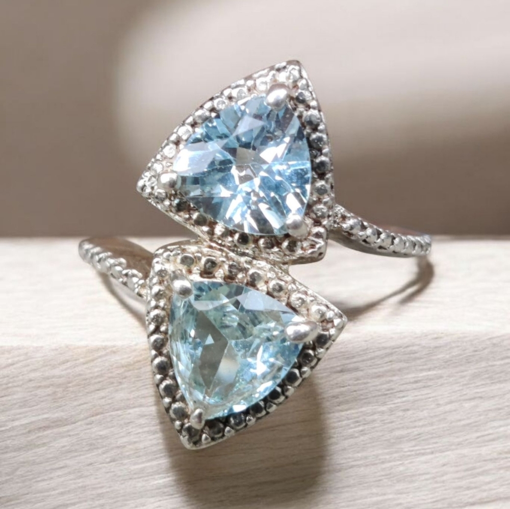 Vintage Sterling Silver Blue Topaz Bypass Ring